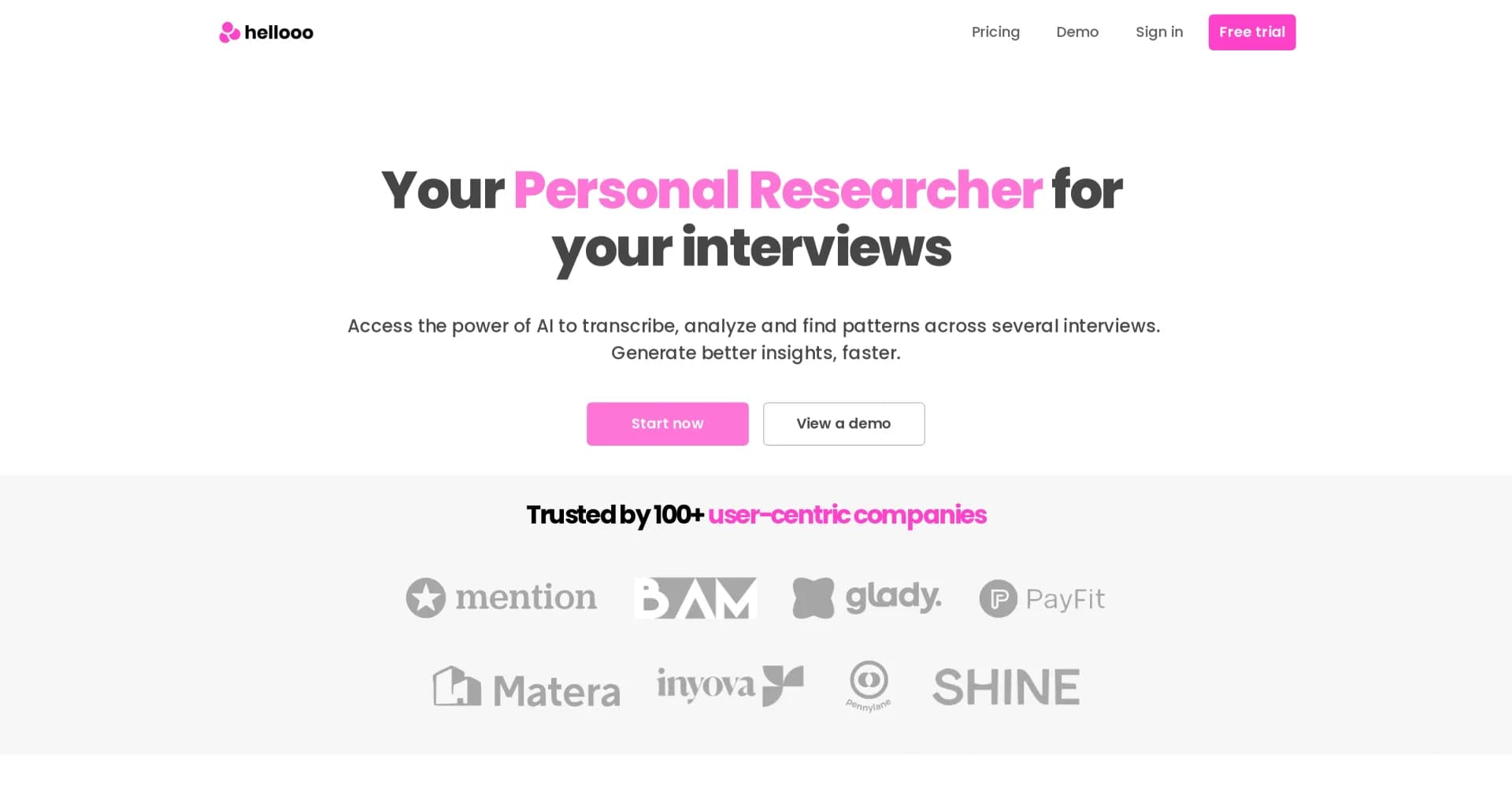 Hellooo homepage screenshot — AI-powered insights from user interviews, in minutes.