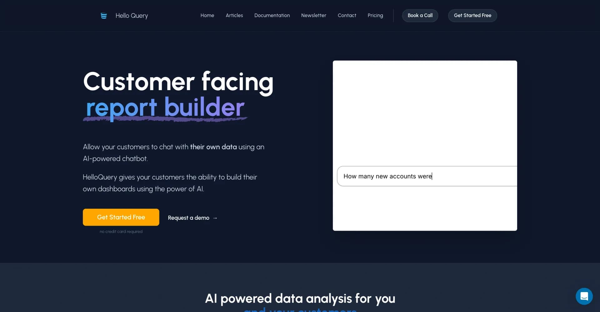 HelloQuery homepage screenshot — AI-powered report builder for customer data exploration