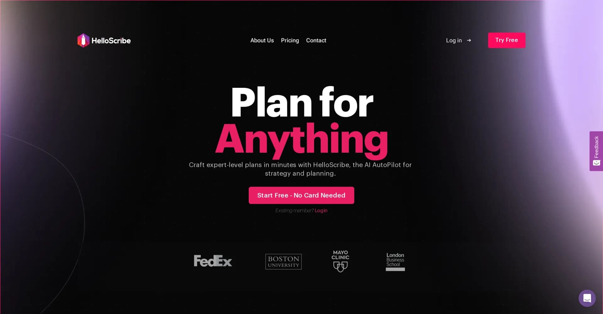 HelloScribe homepage screenshot — AI autopilot for precise, detailed planning