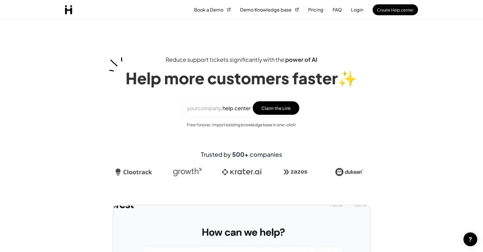 Help Center homepage screenshot — AI-powered knowledge base for instant customer support