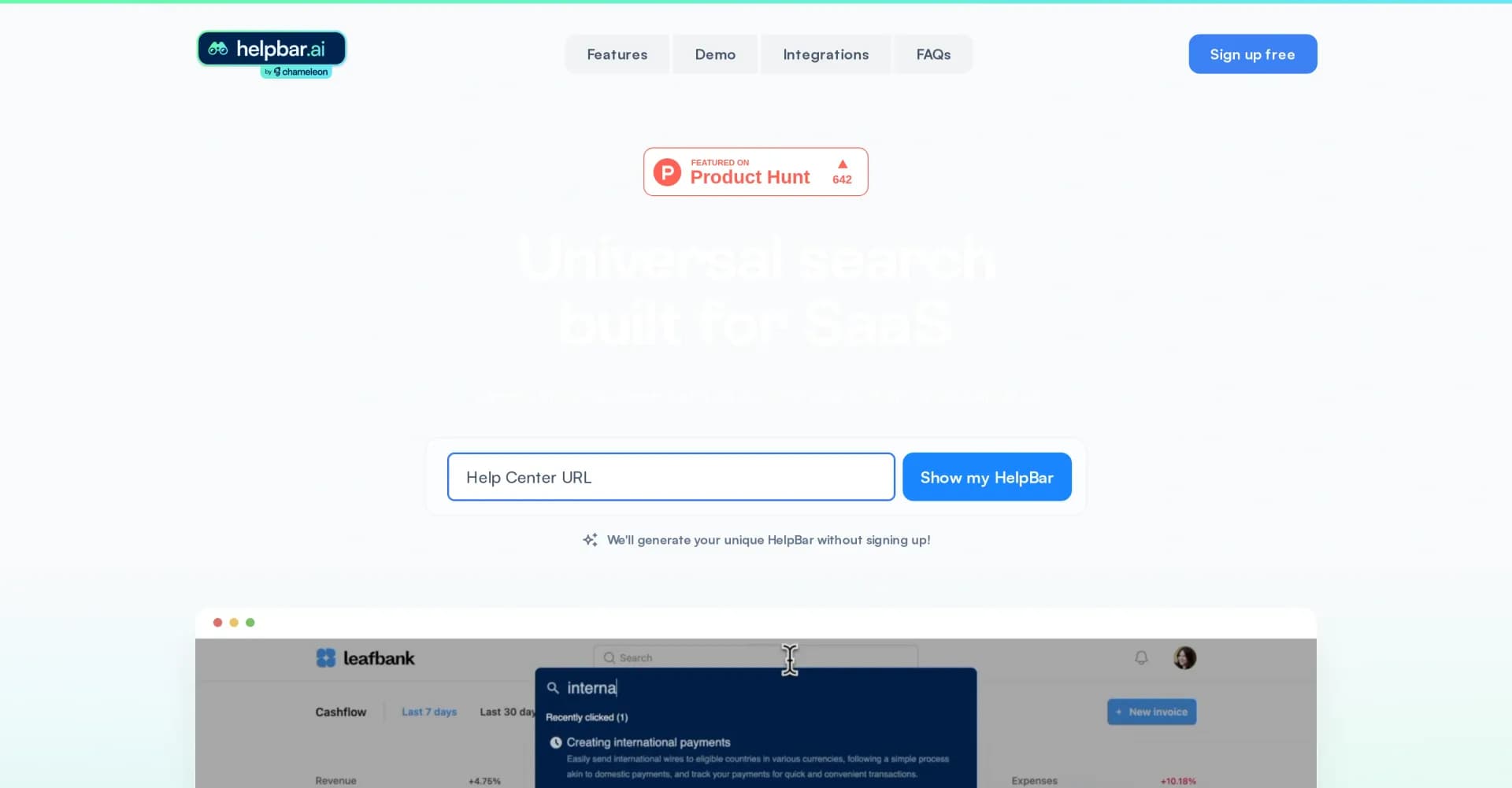 Helpbar homepage screenshot — Universal search that empowers SaaS users