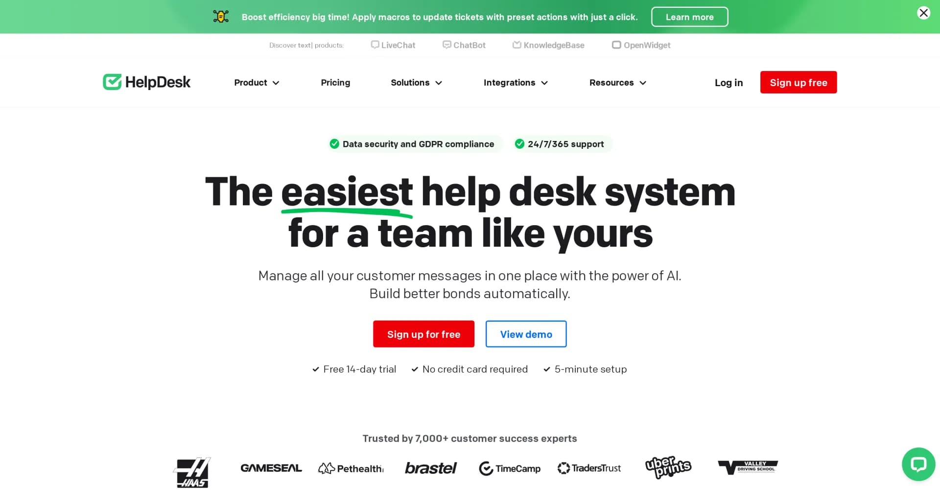HelpDesk homepage screenshot — Streamline customer support with smart ticketing.