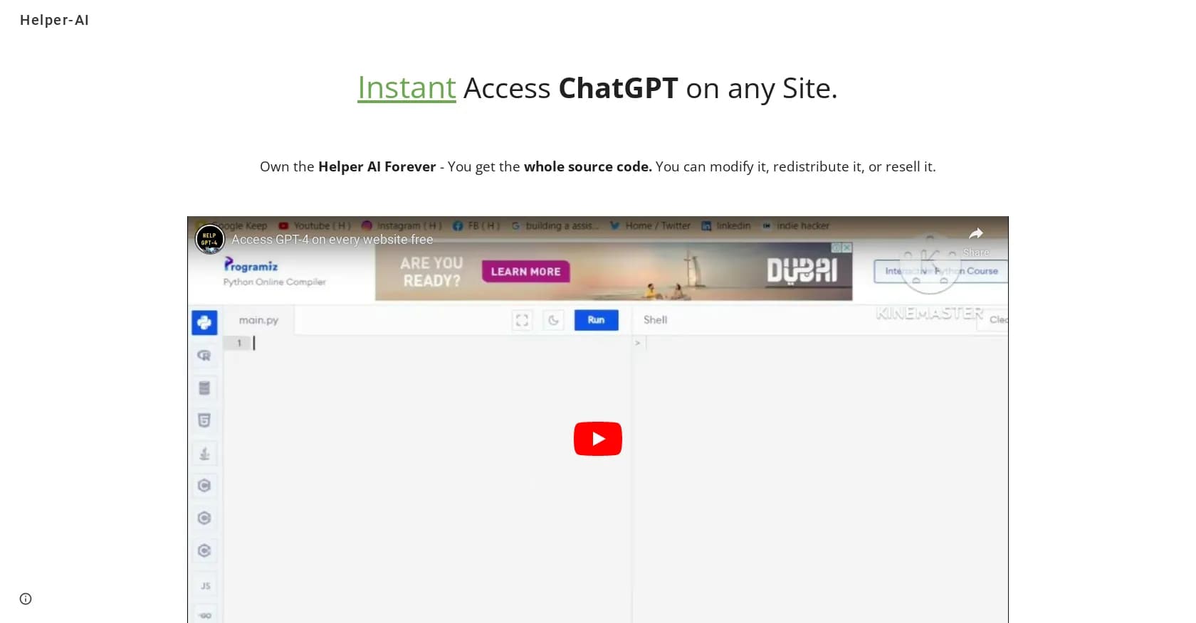 Helper AI homepage screenshot — Instant ChatGPT access on any website