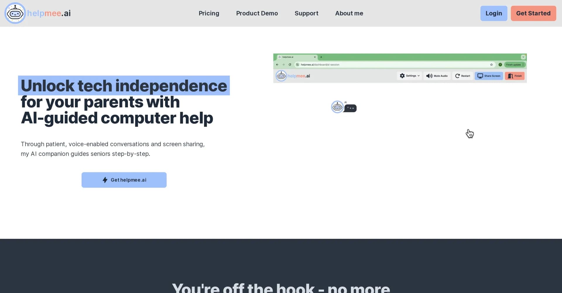 Helpmee homepage screenshot — AI tech support for seniors