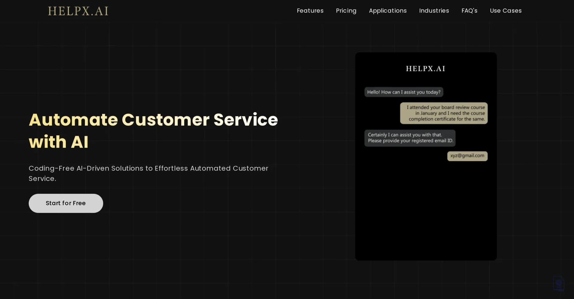 Helpx.ai homepage screenshot — AI chatbots for effortless automated customer service