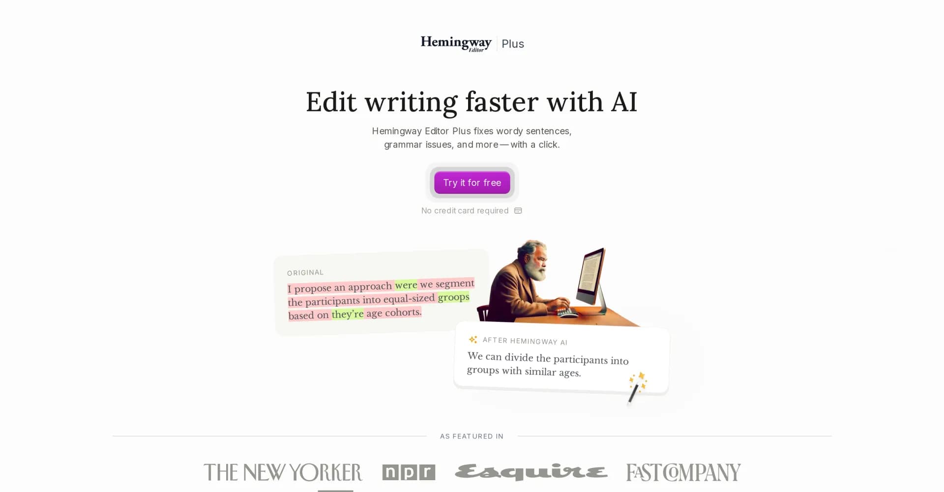 Hemingway Editor Plus homepage screenshot — AI-powered editing to make writing bold and clear.