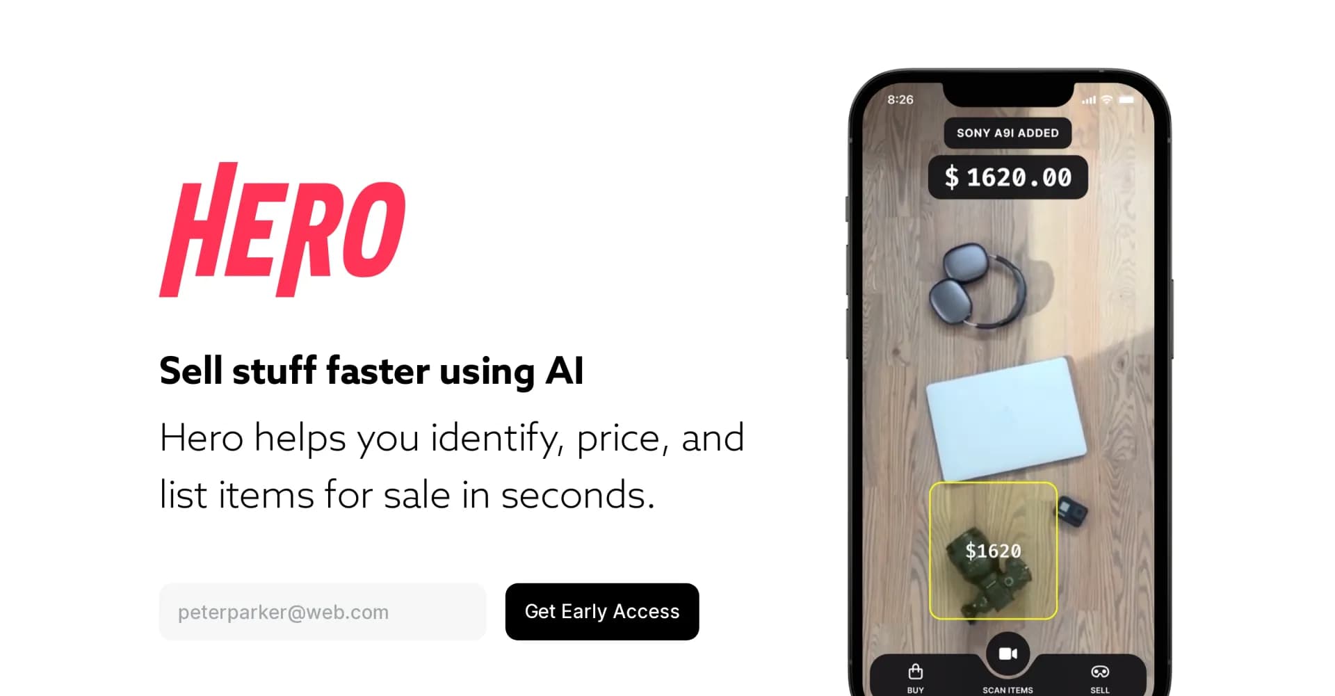 Hero homepage screenshot — AI-powered sales listings in seconds
