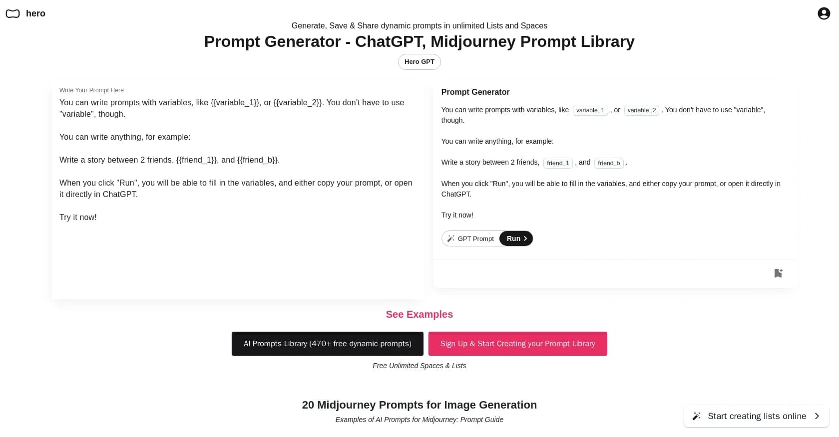 HeroGPT homepage screenshot — Generate dynamic prompts for ChatGPT and Midjourney