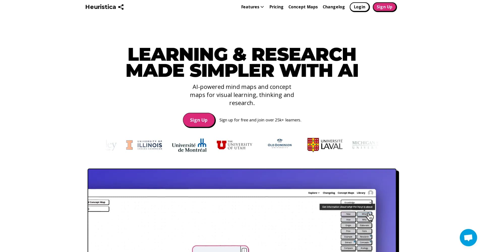 Heuristica homepage screenshot — AI-powered concept maps for visual learning and research.