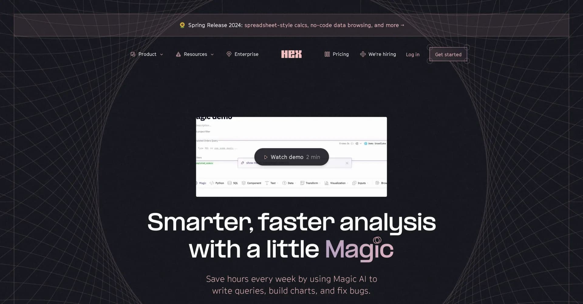Hex.tech homepage screenshot — Supercharge your analysis with AI-powered SQL and Python ass