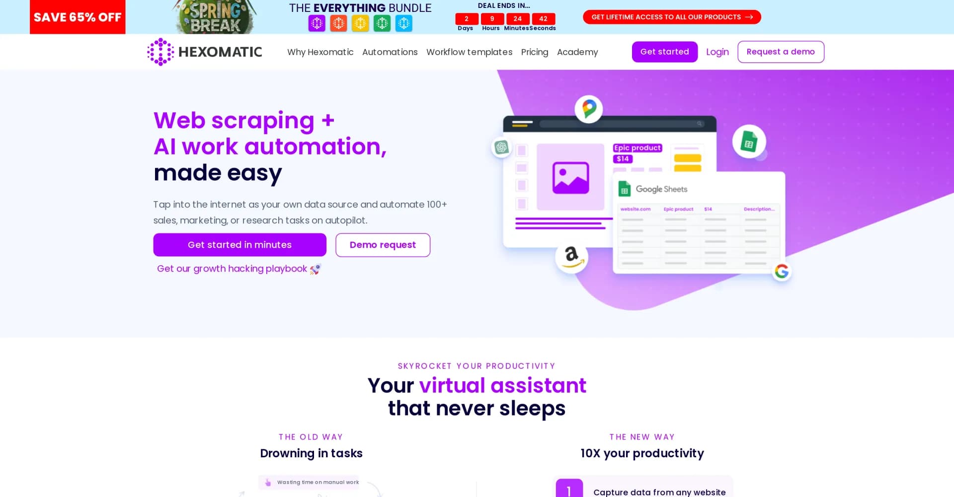 Hexomatic homepage screenshot — Web scraping and workflow automation made easy