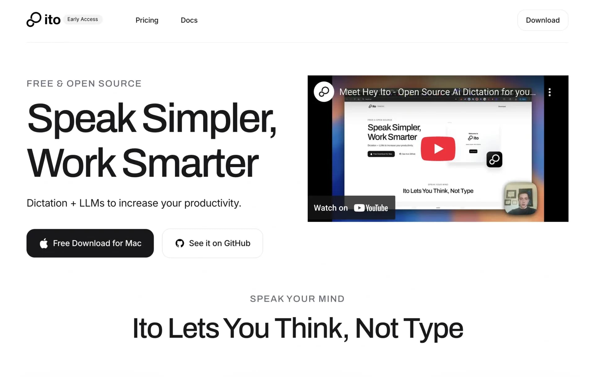 Ito - Ai Voice Dictation homepage screenshot — AI-powered voice to perfect text anywhere on Mac.