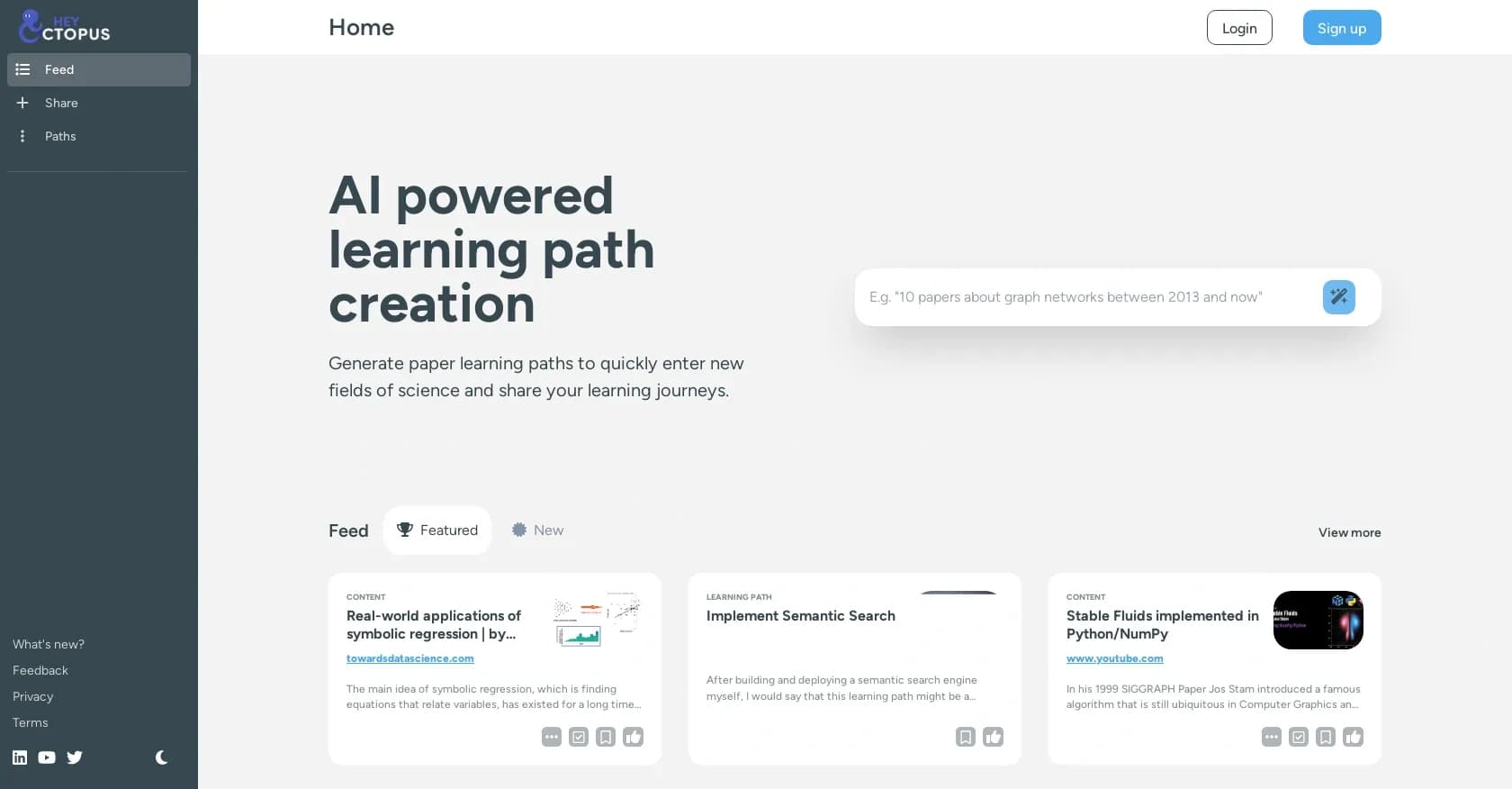 Hey Octopus homepage screenshot — AI-powered learning paths for scientific exploration
