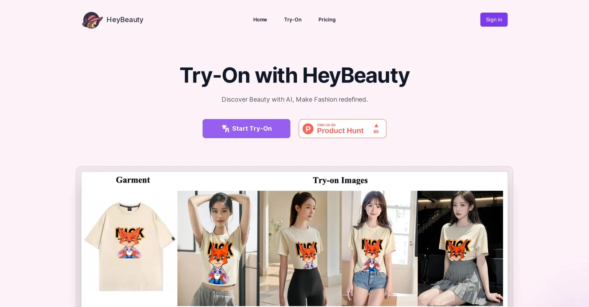 HeyBeauty homepage screenshot — AI-powered virtual try-on for fashion discovery