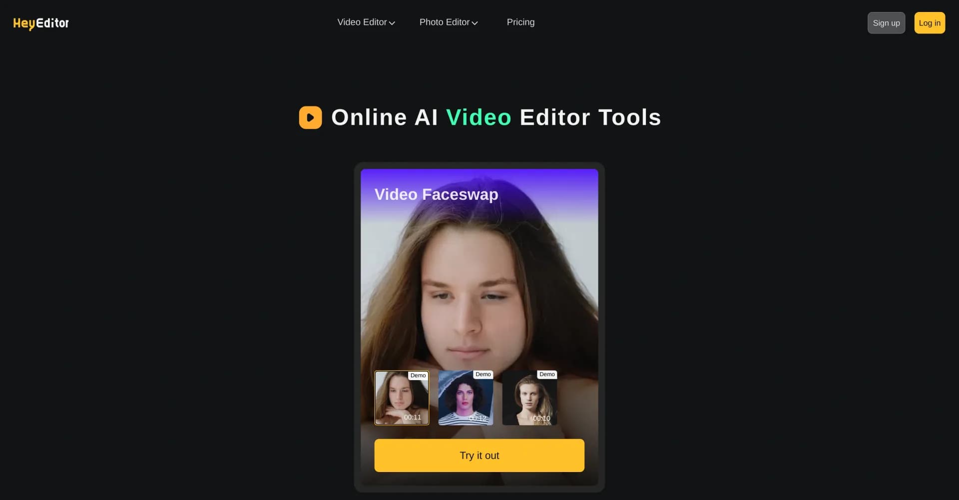 HeyEditor homepage screenshot — AI-powered video and photo editing made easy.