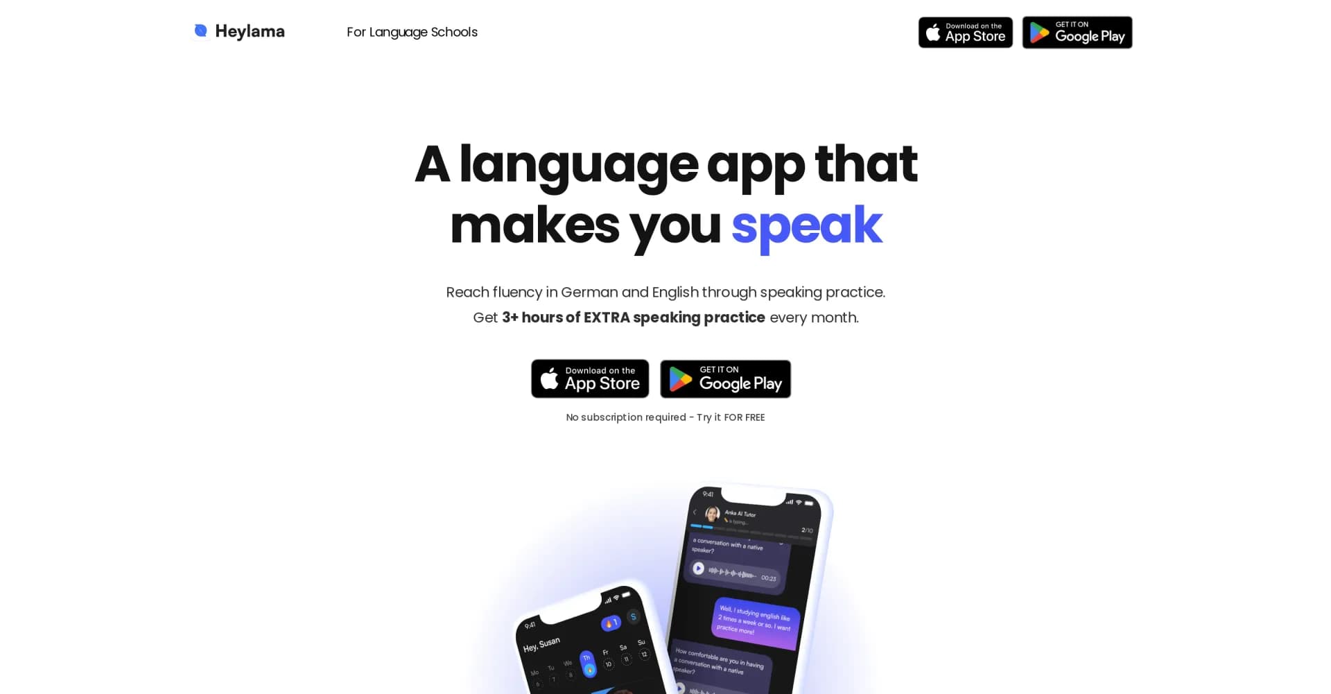 Heylama homepage screenshot — AI language tutor for fluency through speaking practice