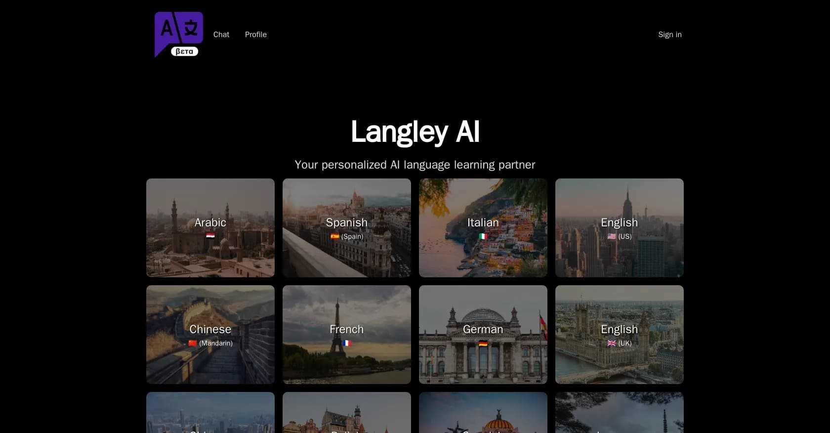 Heylangley homepage screenshot — Your personalized AI language learning partner