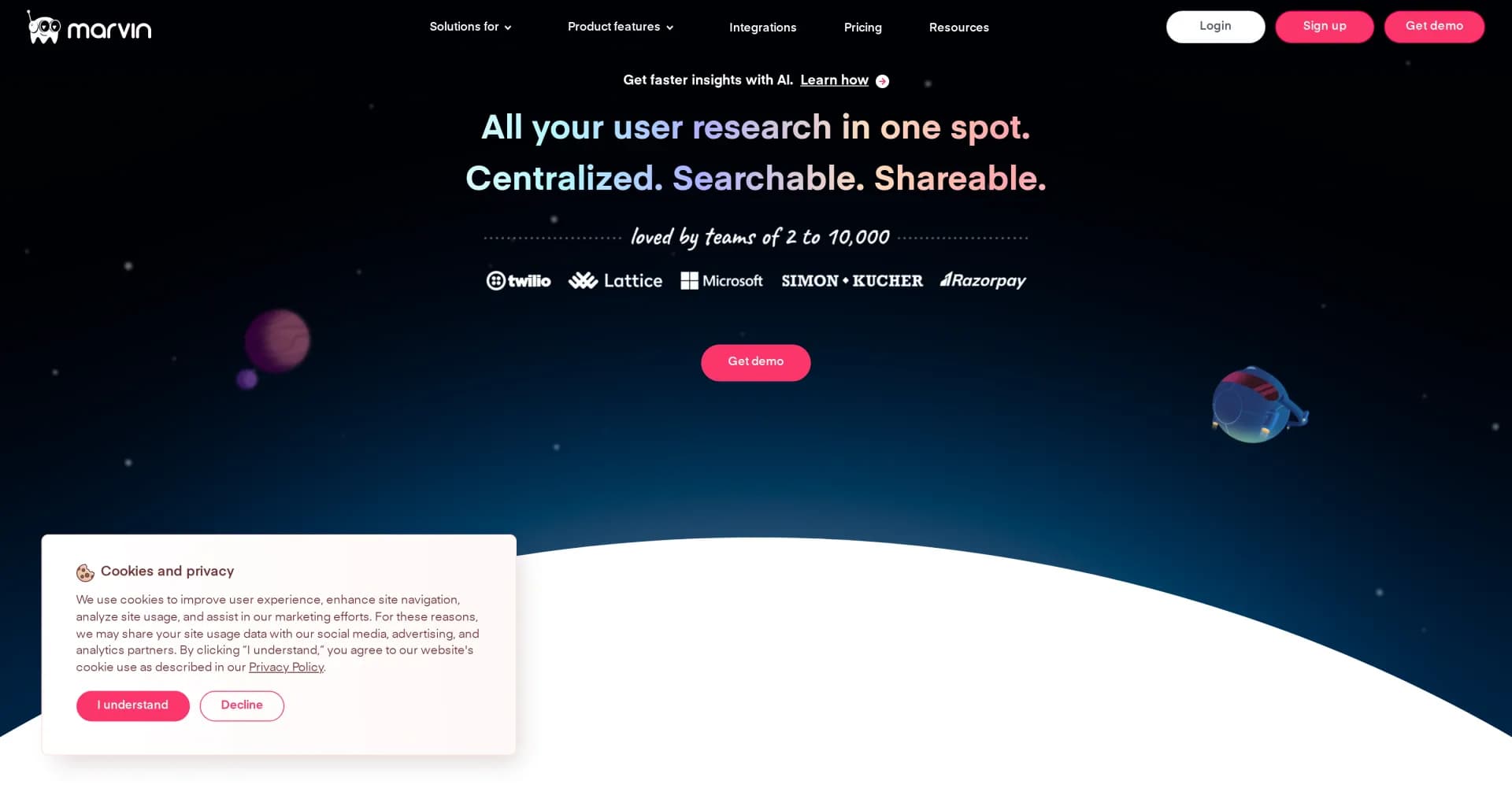 HeyMarvin homepage screenshot — Centralize and analyze user research with AI