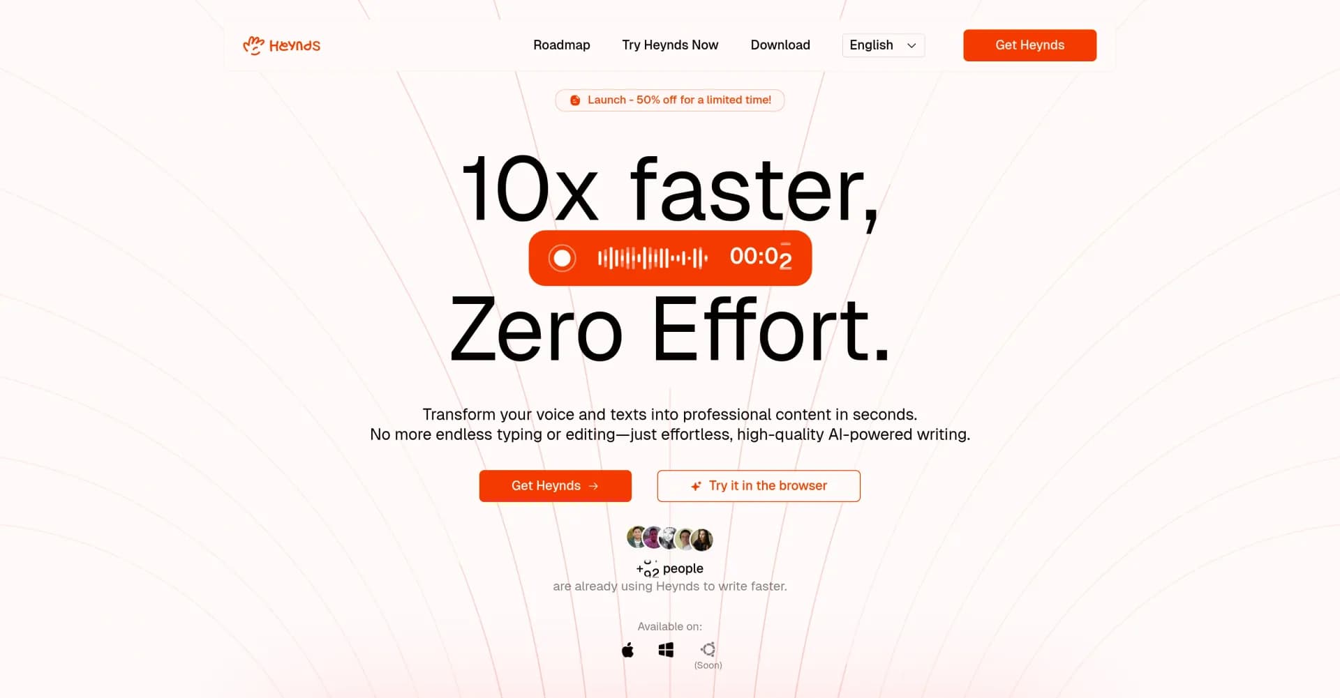 Heynds homepage screenshot — Transform voice and text into professional content instantly