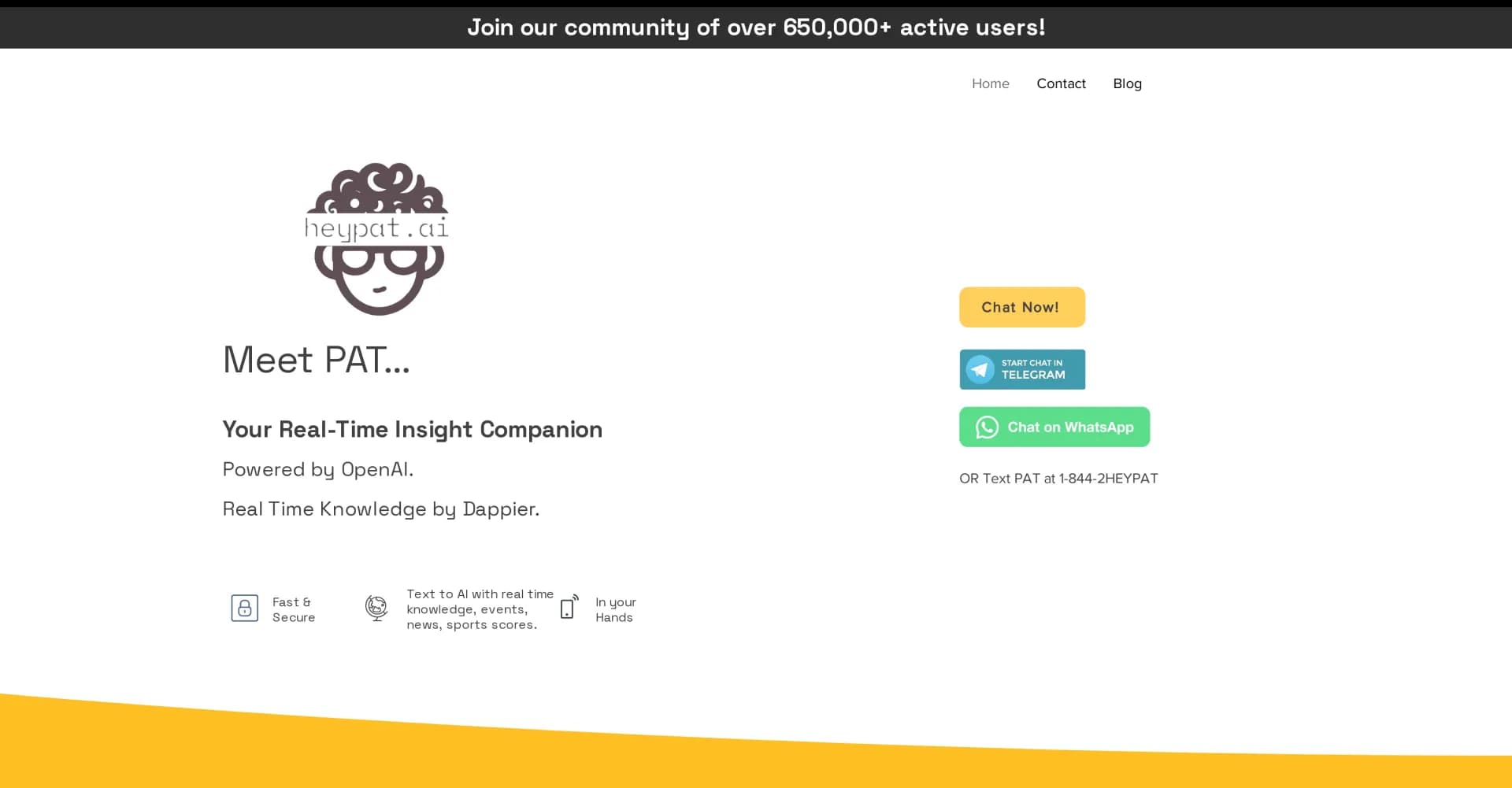 HeyPat homepage screenshot — Your real-time AI sidekick on messaging apps