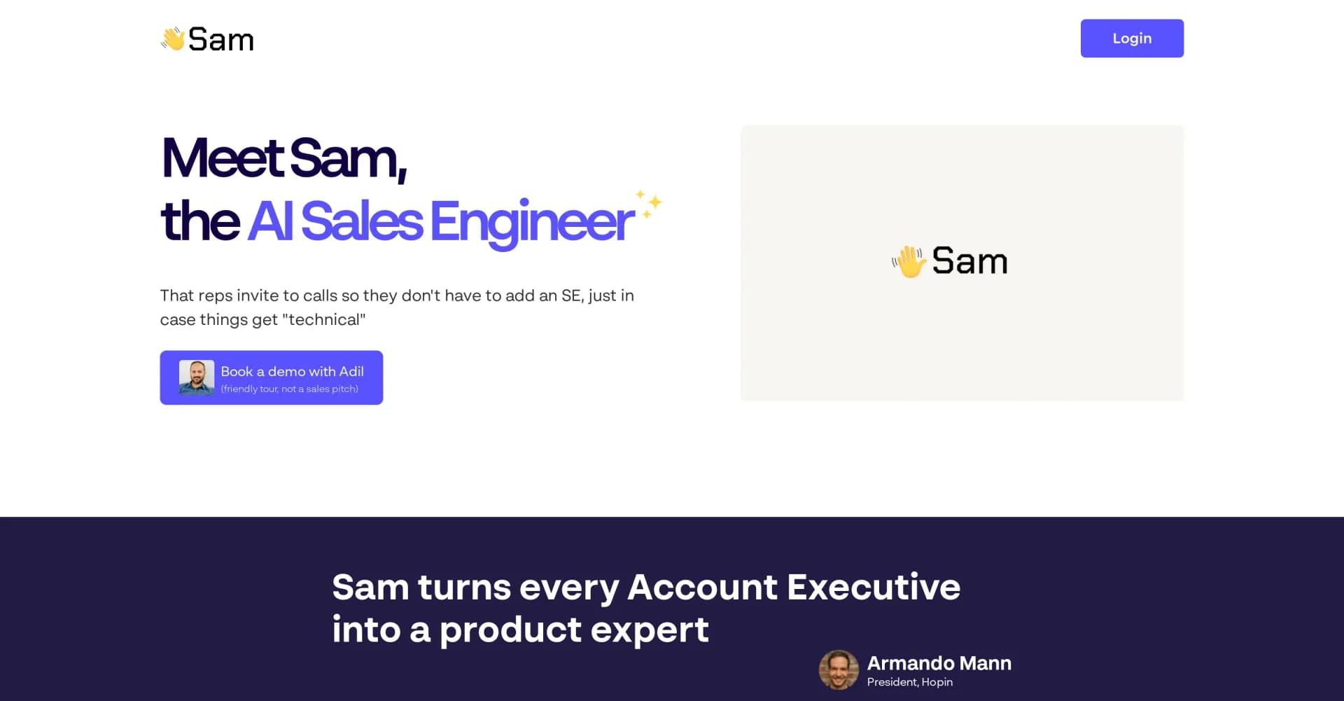 HeySam homepage screenshot — Turn every rep into a product expert with AI