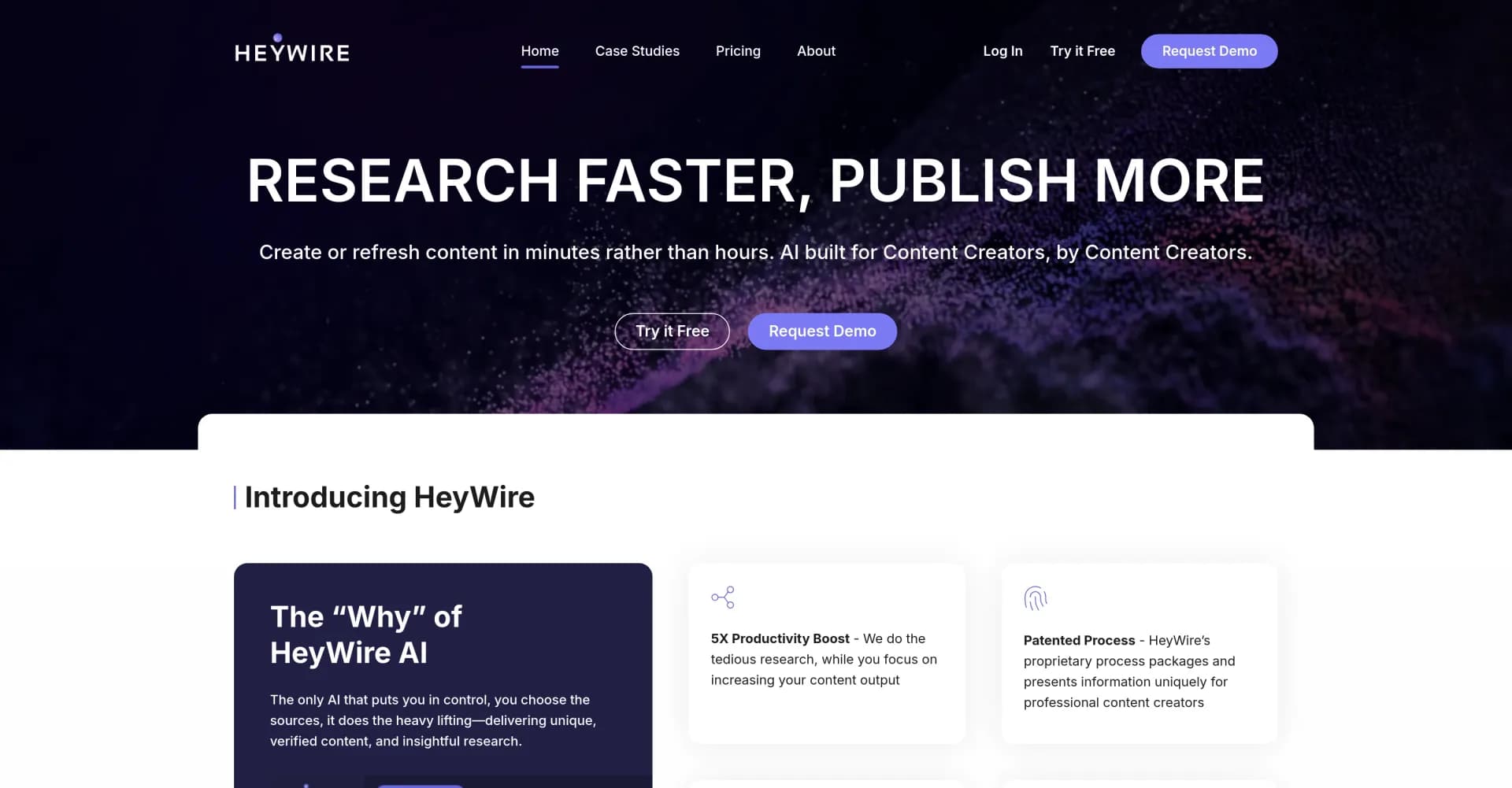 HeyWire AI homepage screenshot — Effortless content creation powered by verified insights