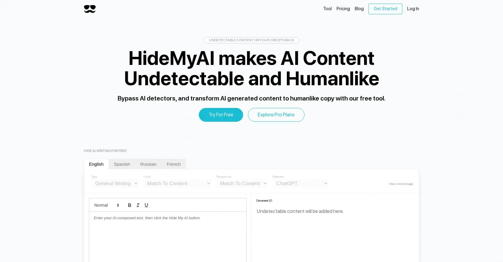 HideMyAI homepage screenshot — Human-like content rewriting