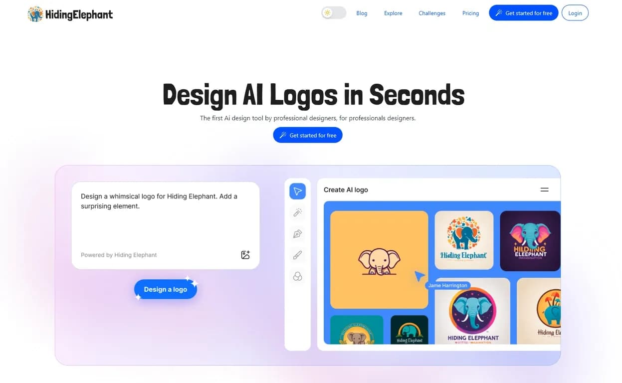 HidingElephant homepage screenshot — Design AI logos in seconds with professional-grade tools