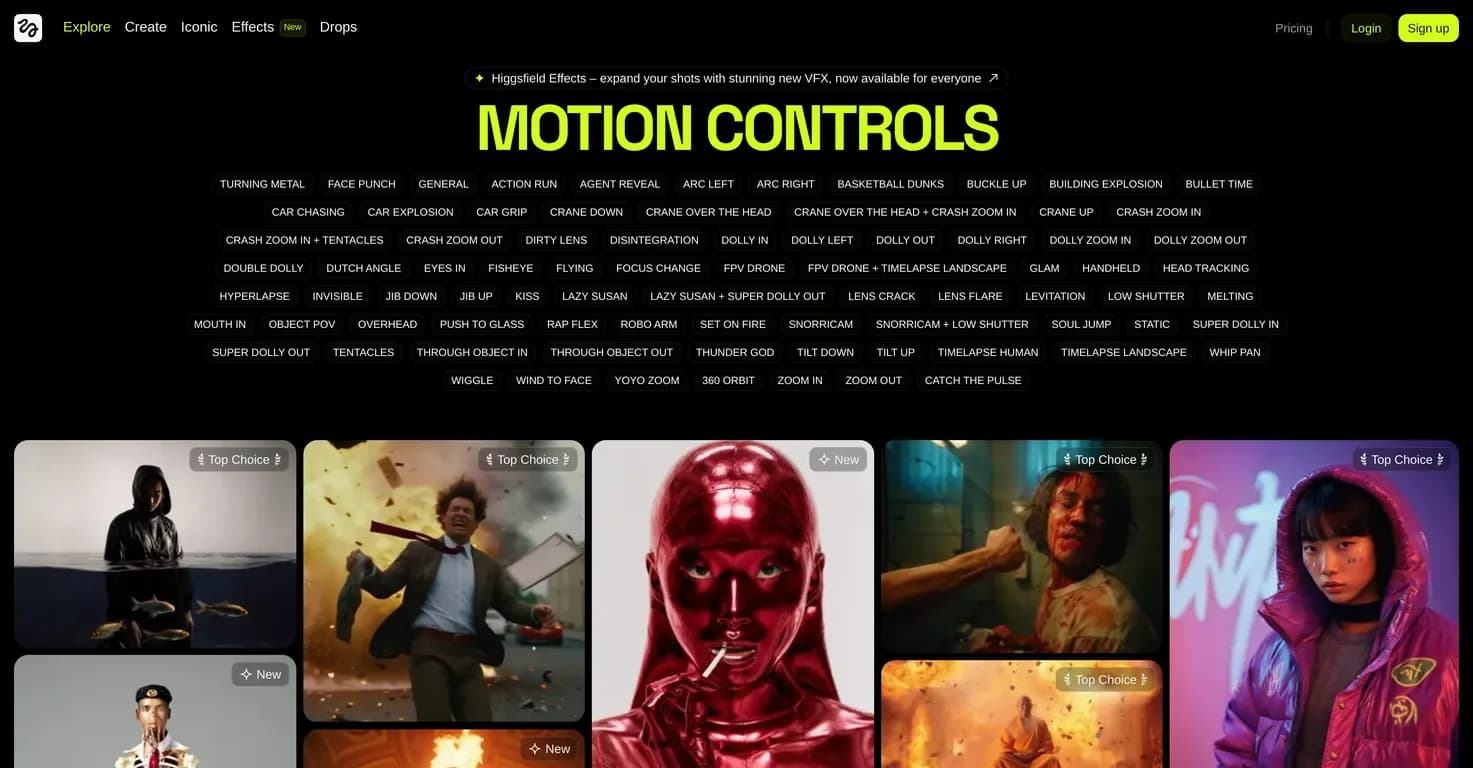 Higgsfield AI homepage screenshot — AI-powered camera control for cinematic creators