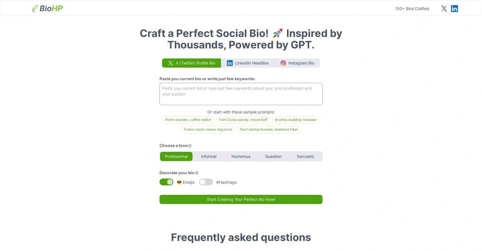 HighPerformer Social Bio homepage screenshot — Create perfect social bios with AI