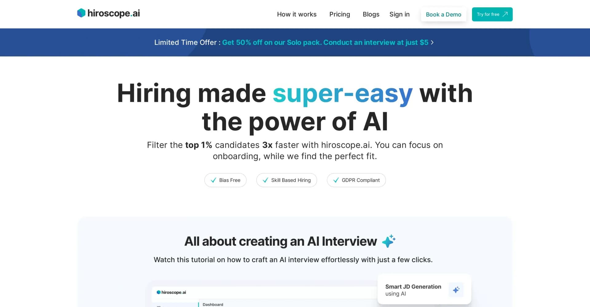 hiroscope.ai homepage screenshot — Filter top candidates faster with AI-powered hiring.
