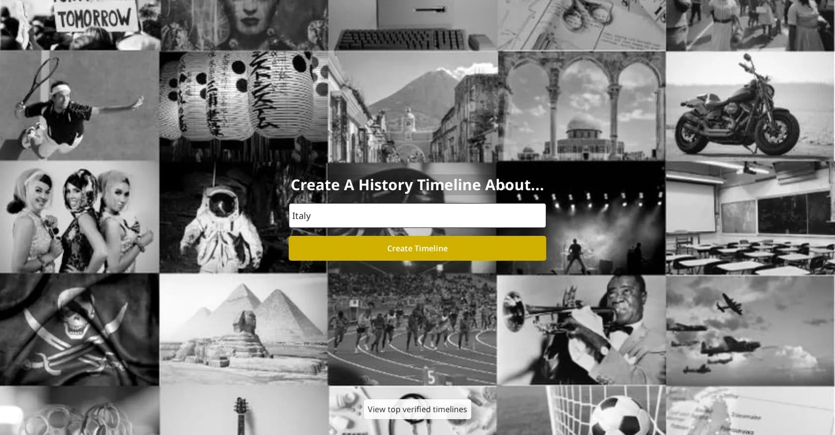History Timelines homepage screenshot — Create compelling history timelines in seconds.
