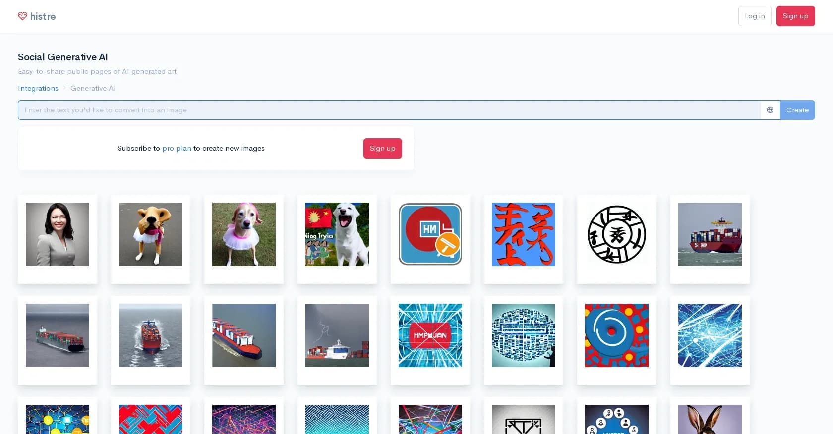Histre homepage screenshot — Create shareable AI-generated art pages