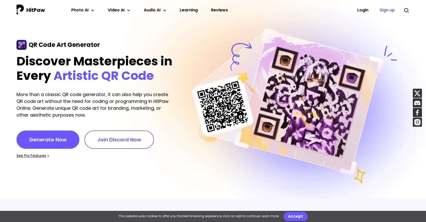 HitPaw QR codes homepage screenshot — Create stylish AI-powered QR code art effortlessly