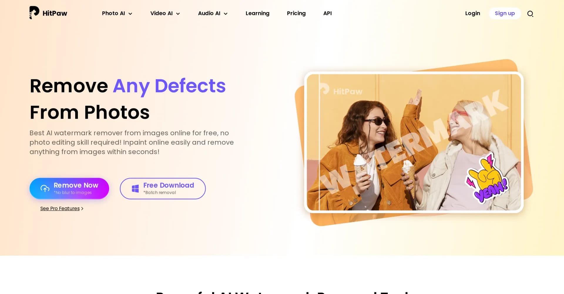 Hitpaw watermark remover homepage screenshot — Remove watermarks from photos instantly and for free.