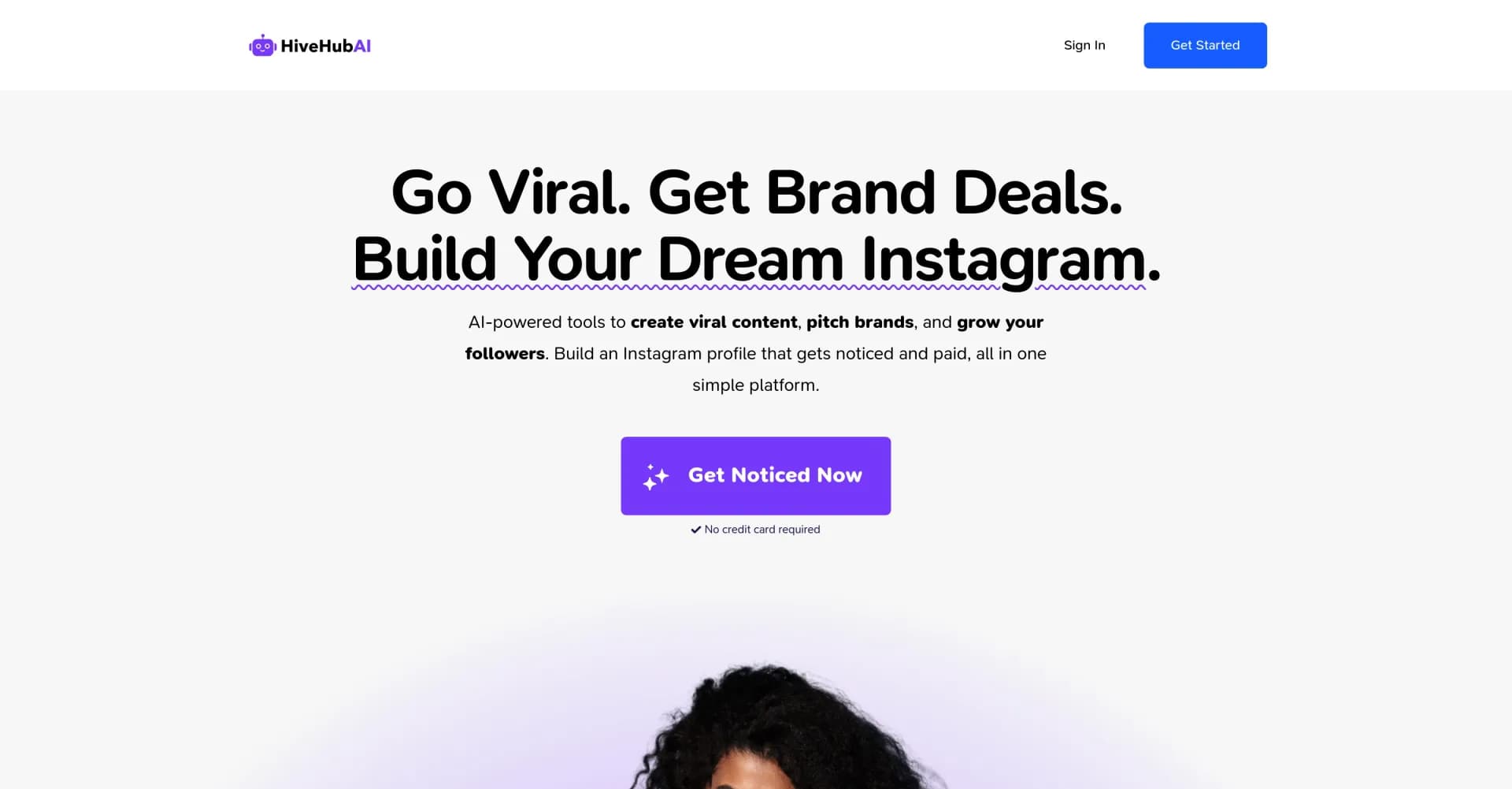 HiveHubAI homepage screenshot — AI-powered Instagram assistant for viral growth and brand de