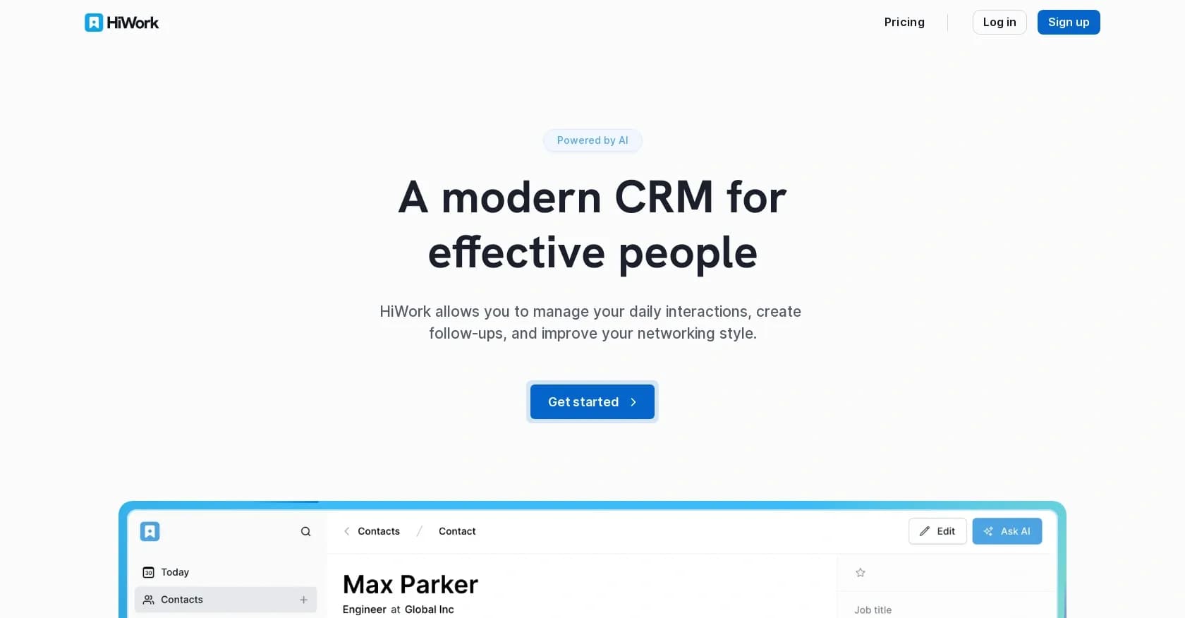 HiWork homepage screenshot — Enhance networking with AI-powered personal CRM