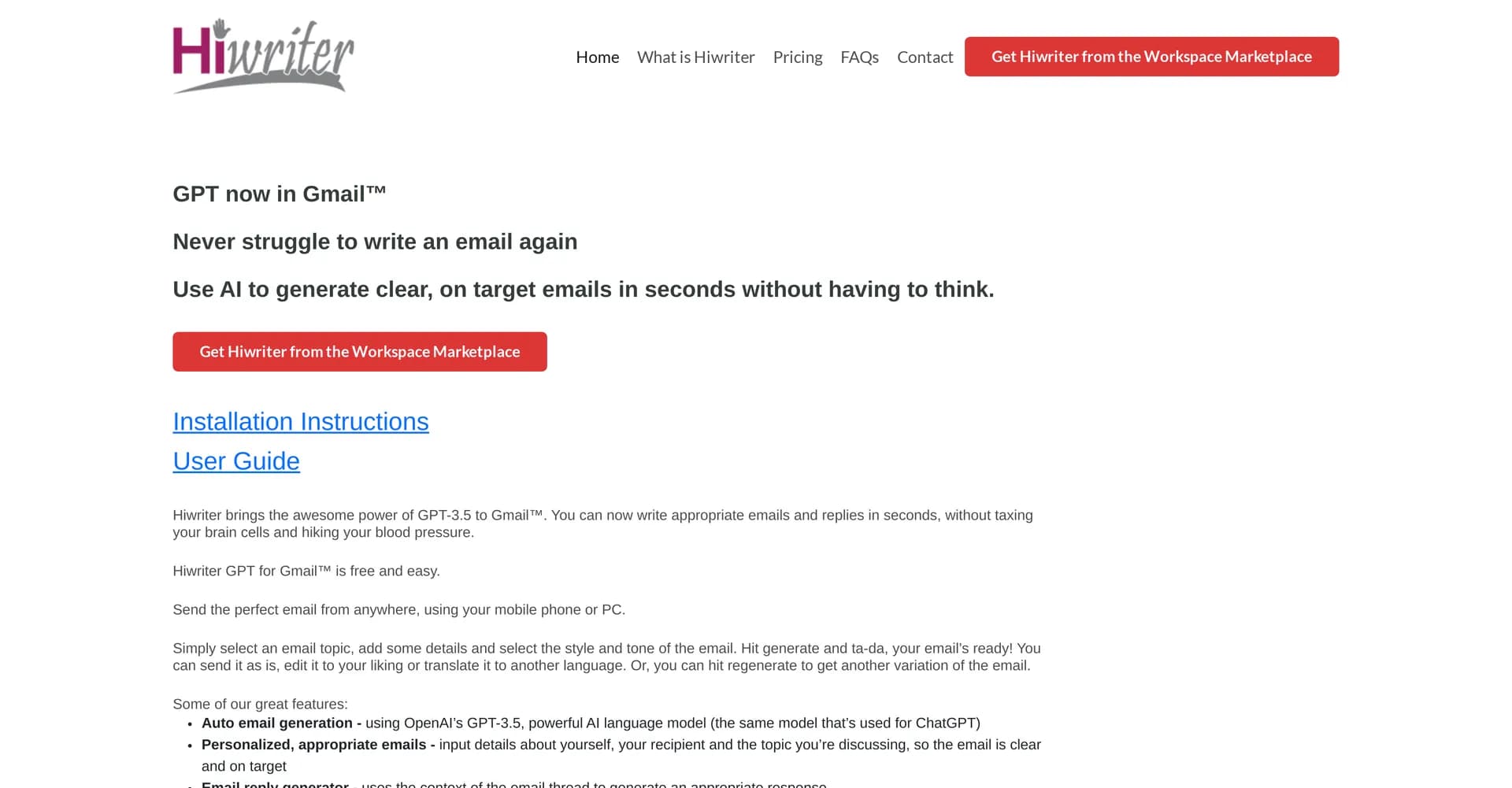 Hiwriter homepage screenshot — Generate perfect emails instantly with AI in Gmail