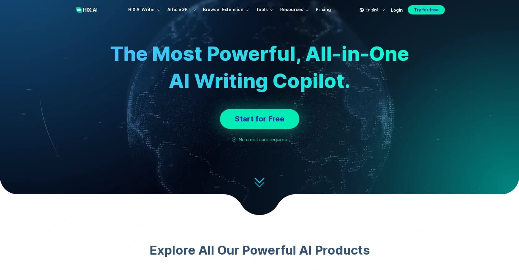 Hix AI homepage screenshot — Generate high-quality copy instantly with AI.