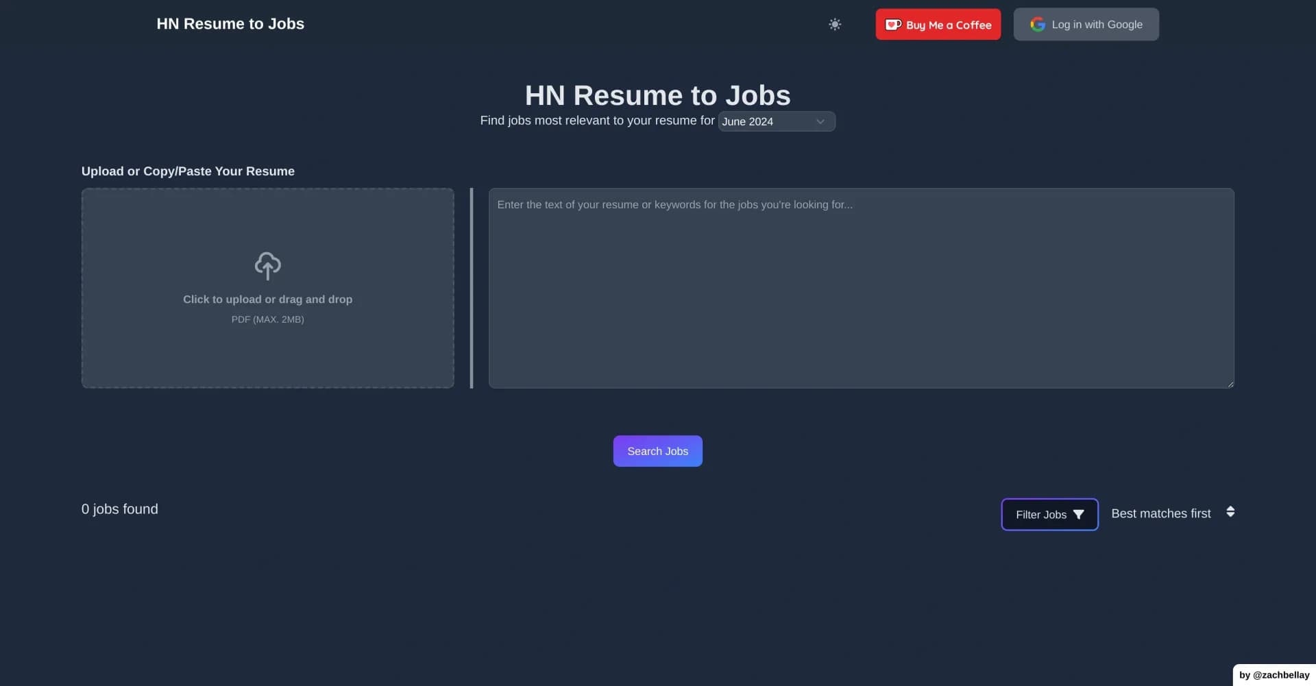 Hnresumetojobs homepage screenshot — Match your resume to Hacker News job posts.