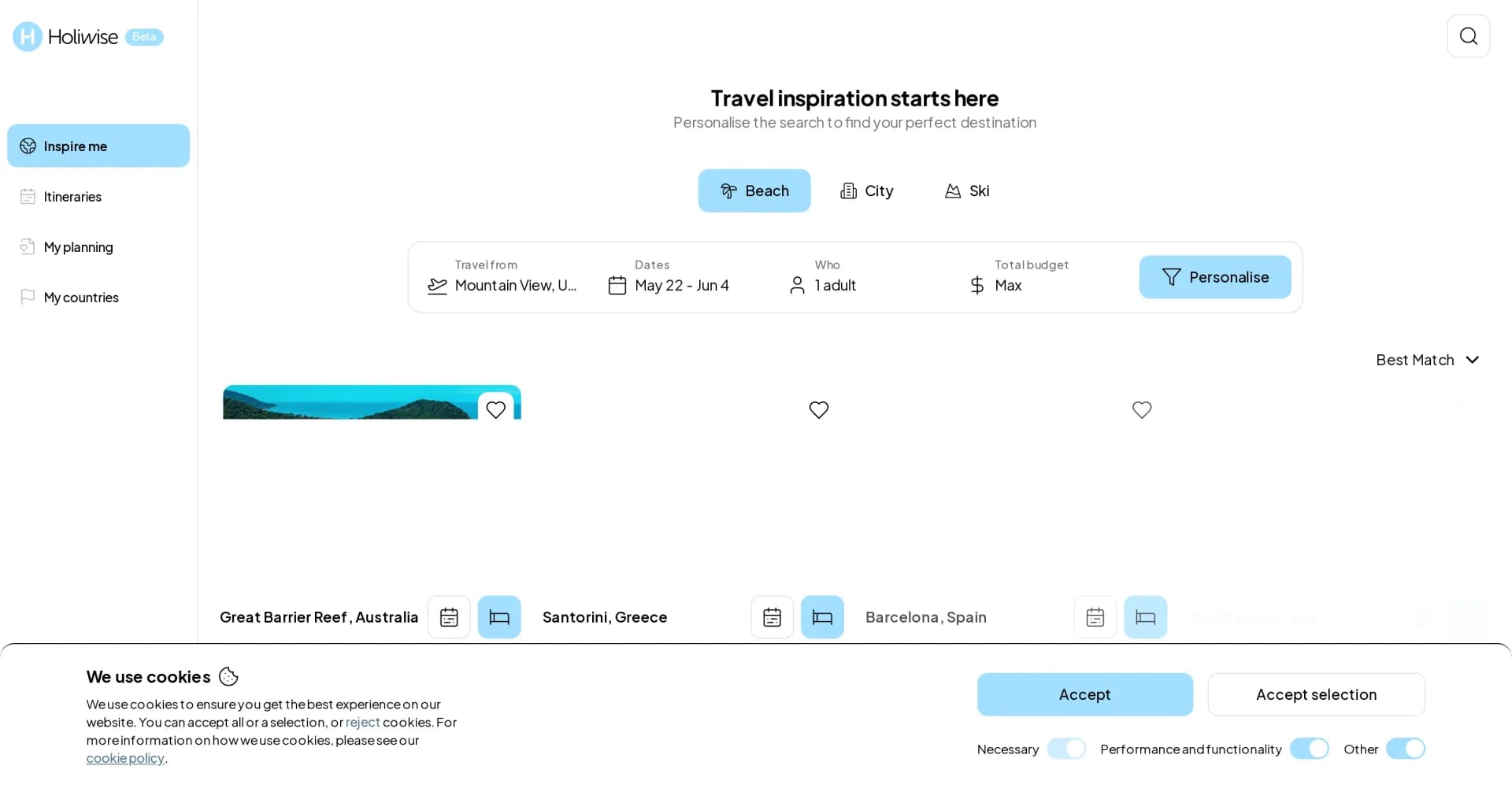Holiwise homepage screenshot — AI-powered travel planning made simple and exciting.