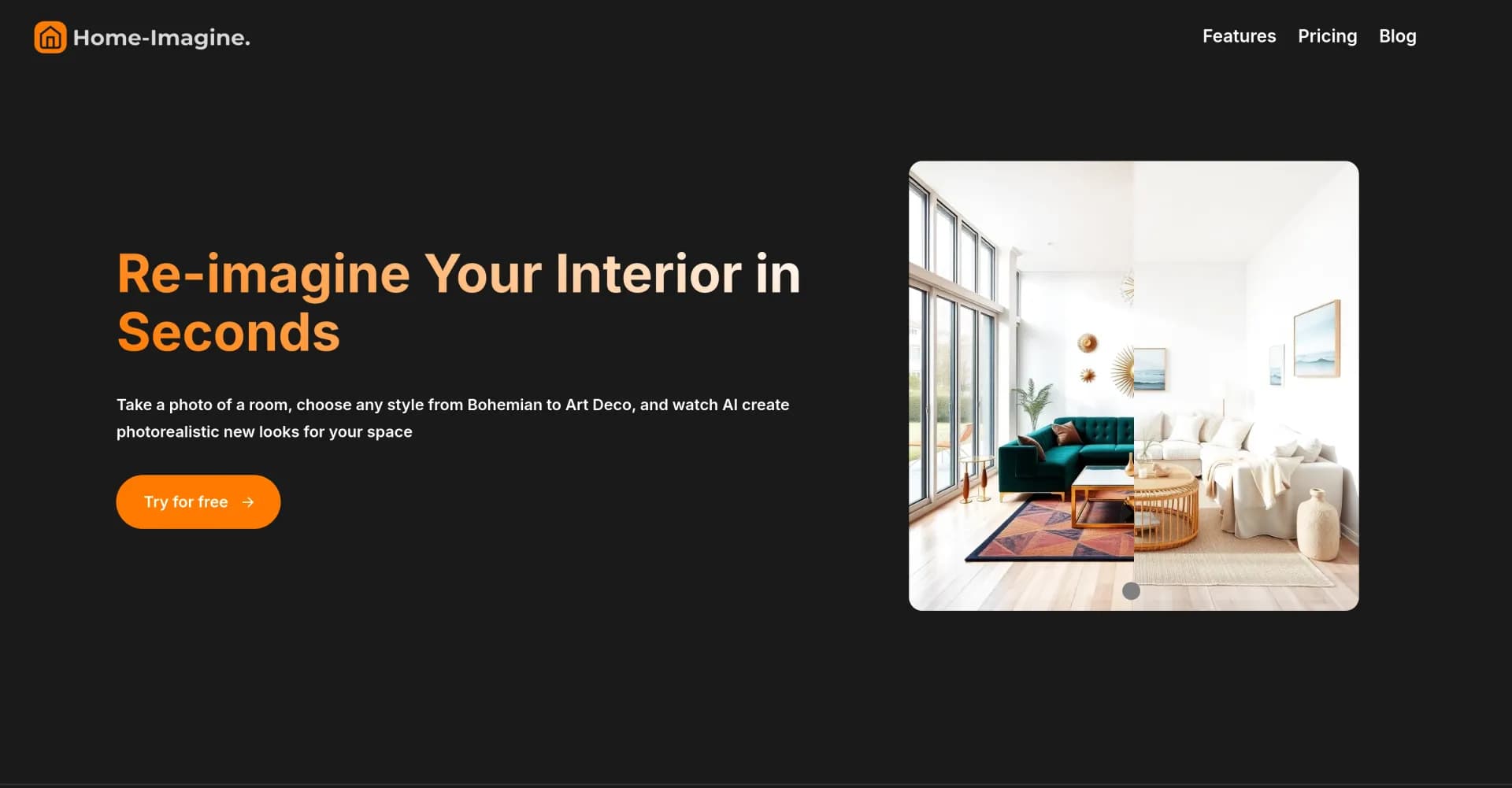 Home-Imagine homepage screenshot — AI-powered instant room redesign
