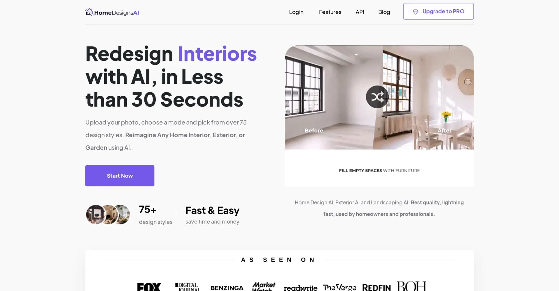 HomeDesignsAI homepage screenshot — Redesign homes with AI in seconds.