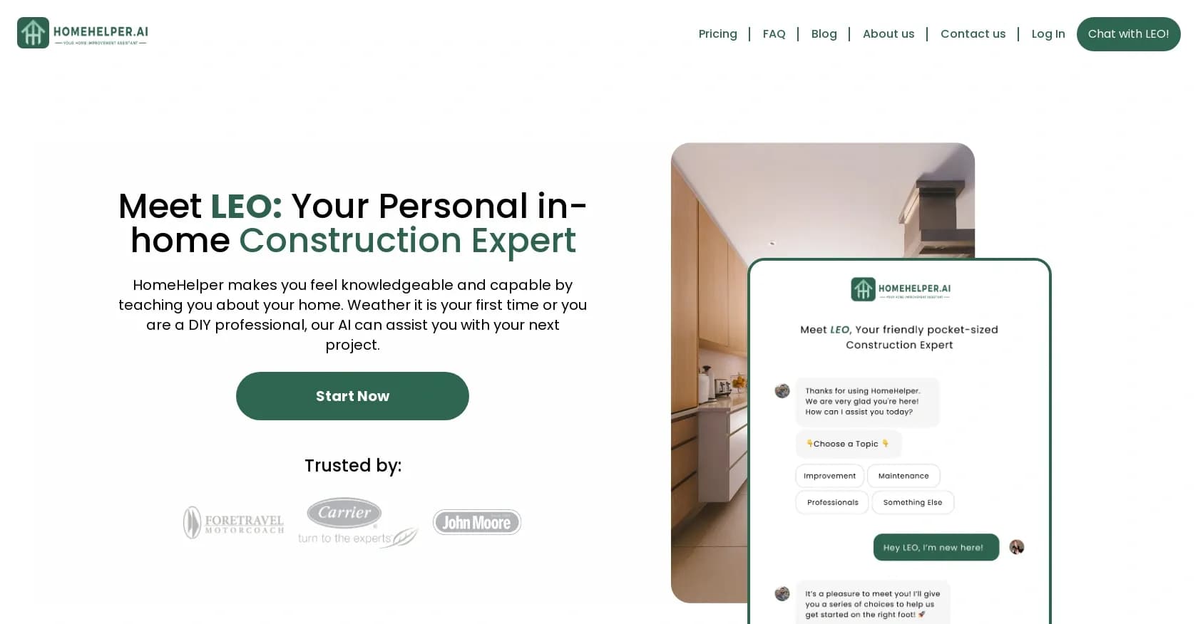 HomeHelper homepage screenshot — AI-powered home construction expert in your pocket
