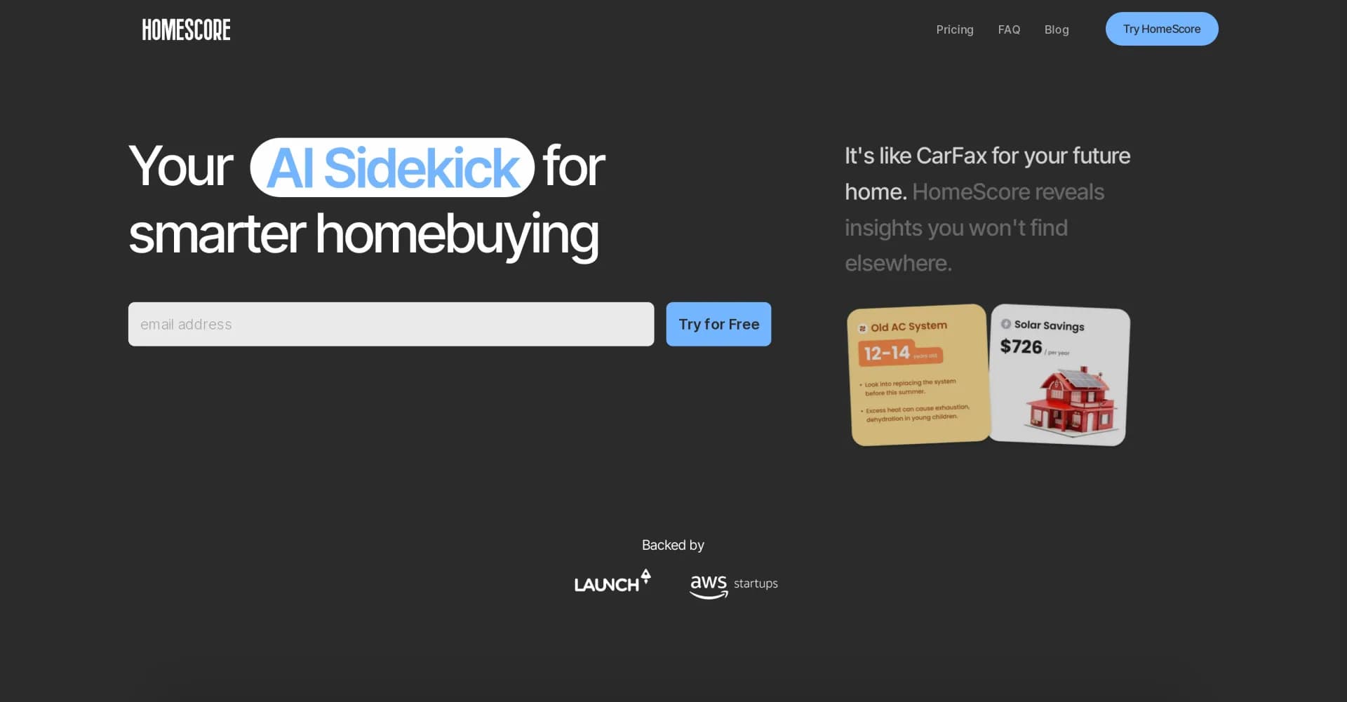 HomeScore homepage screenshot — Your AI sidekick for smarter homebuying.
