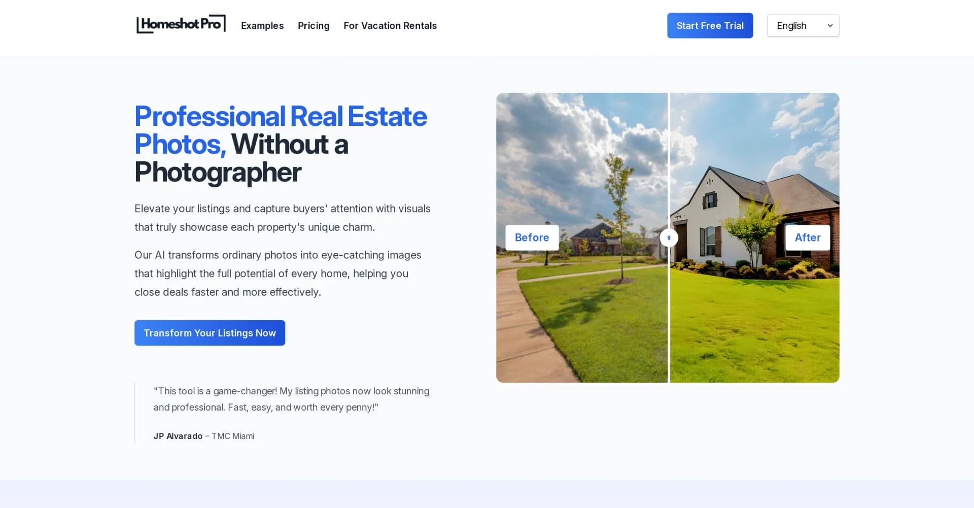 Homeshot Pro homepage screenshot — Enhance real estate photos instantly with AI.