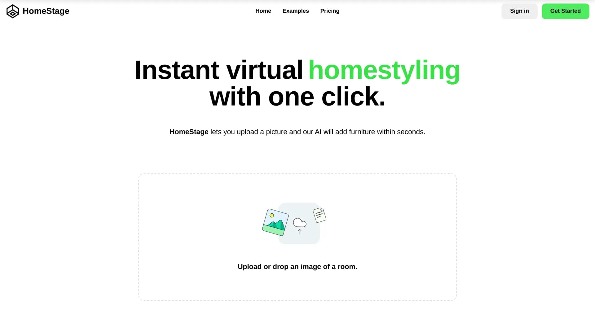 HomeStage homepage screenshot — Instantly furnish rooms virtually with AI