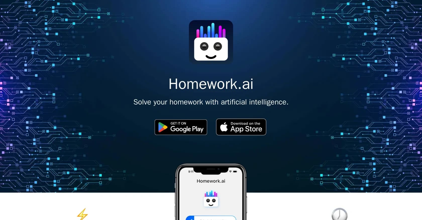 Homework.AI homepage screenshot — Solve homework with AI in seconds.