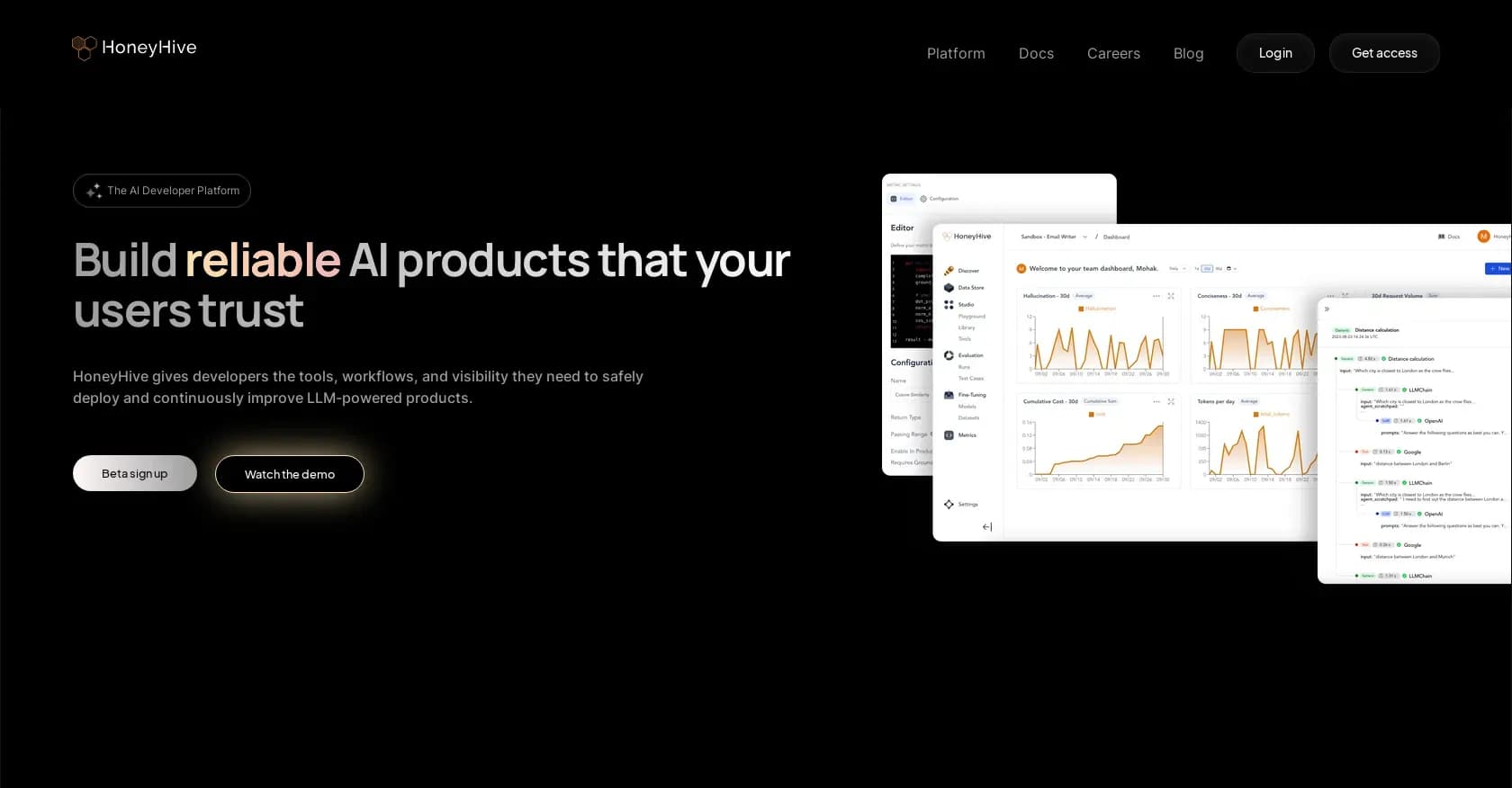 HoneyHive homepage screenshot — Deploy LLMs safely with mission-critical AI tools.