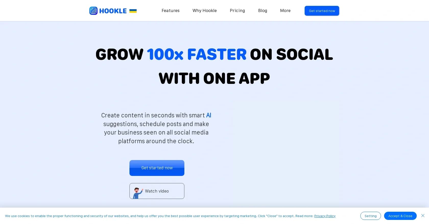 Hookle homepage screenshot — Grow 100x faster on social with AI-powered content creation 